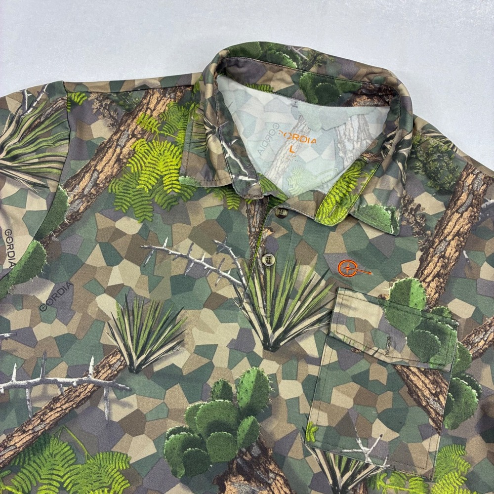 Cordia Polo Shirt‎ Mens L Green Desert Camo Cactus Short Sleeve Stretch Hunting